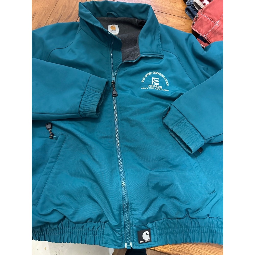 vtg carhartt fleece‎ lined full zip aqua jacket with company logo unsized